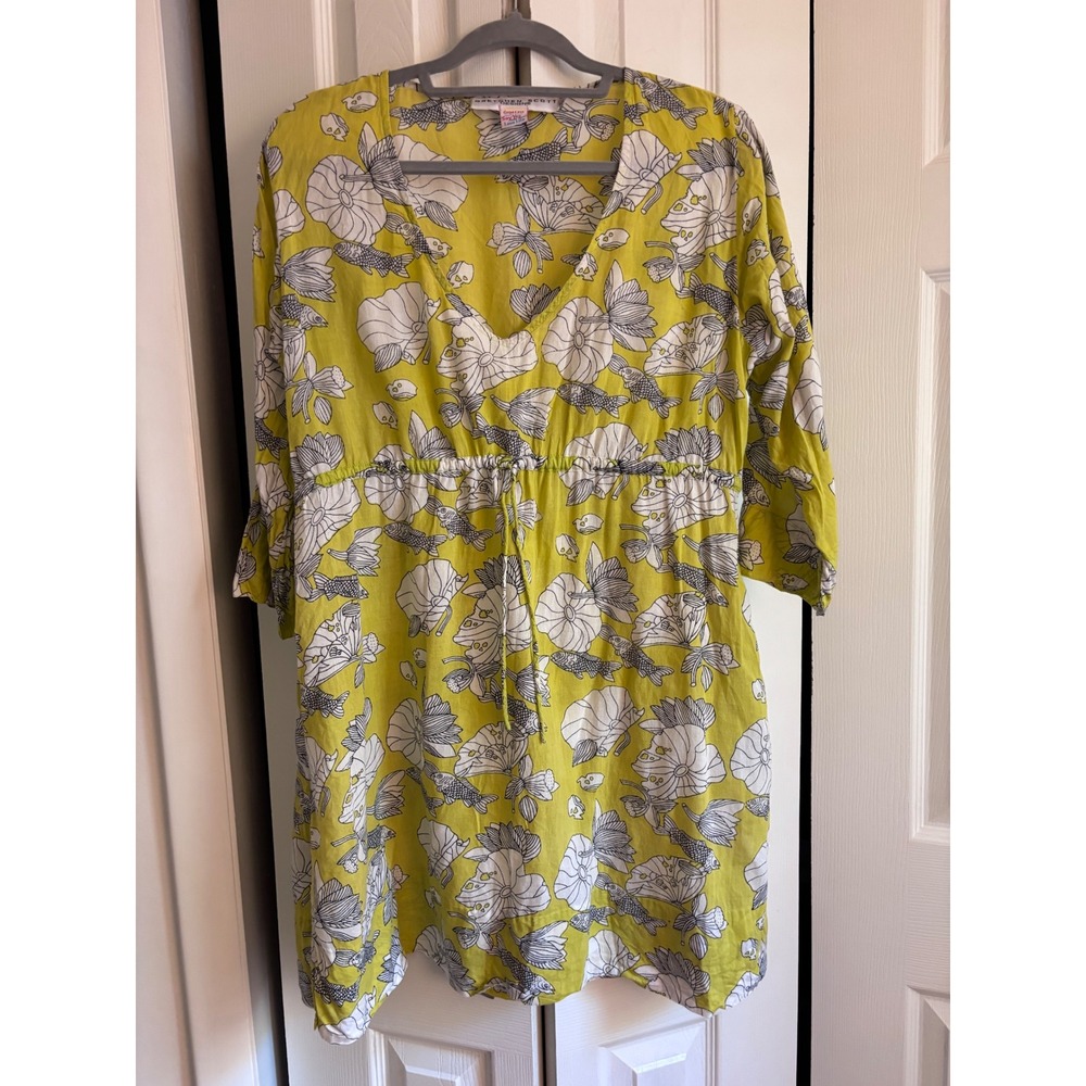 Gretchen Scott Beach Cover Up Large Chartreuse Fish Floral Cotton Tunic Dress - Picture 4 of 13